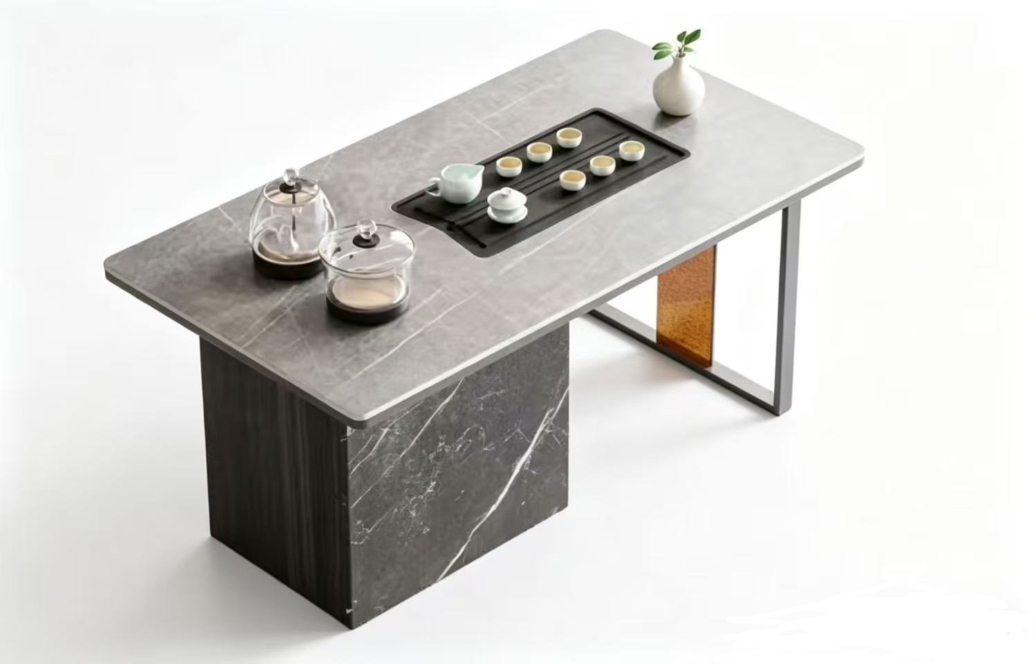 功夫茶几条形阿玛尼灰镶乌金石面板茶桌简约现代创意泡茶台WG-25001 130*70*58cm